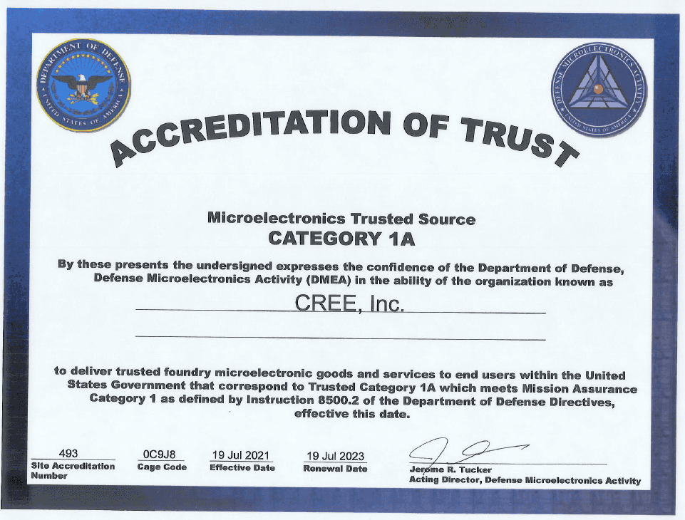 Wolfspeed Accreditation of Trust Certificate