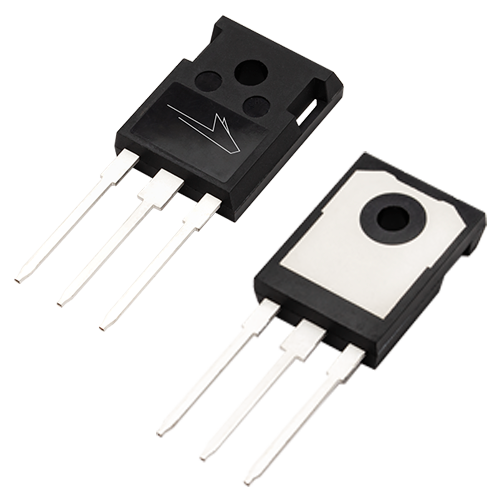 Angled product photo of the front and back of the TO-247-3 package used for Wolfspeed's Discrete Silicon Carbide MOSFETs.