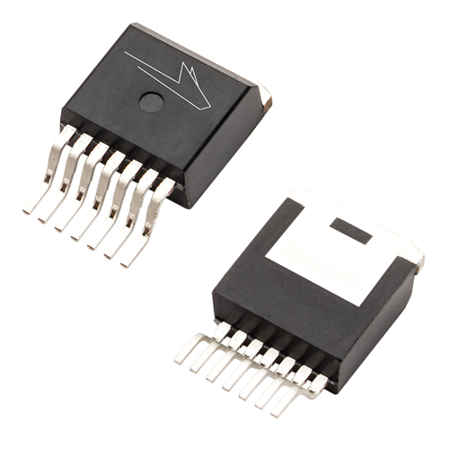Angled product photo of the front and back of the TO-263-7 package used for Wolfspeed's Discrete Silicon Carbide MOSFETs.